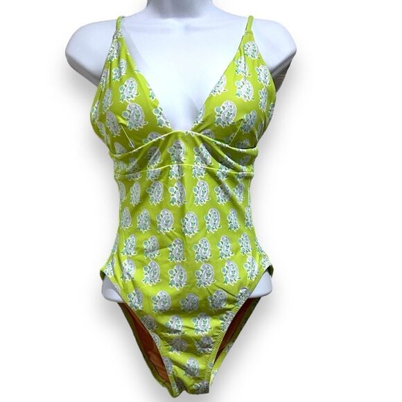 J. CREW V-Neck One-Piece Swimsuit Green Paisley Size 6 - Picture 1 of 13